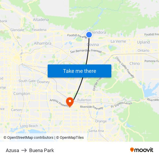 Azusa to Buena Park map