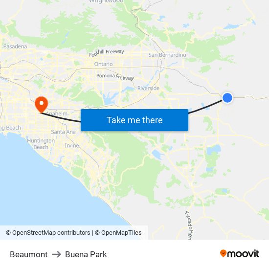 Beaumont to Buena Park map
