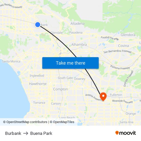 Burbank to Buena Park map