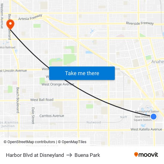 Harbor Blvd at Disneyland to Buena Park map