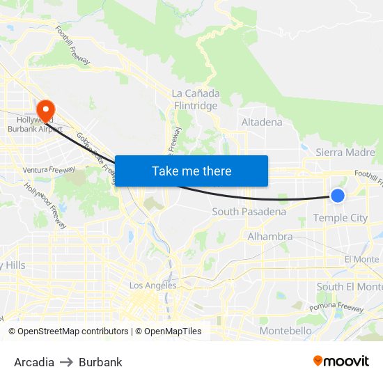 Arcadia to Burbank map