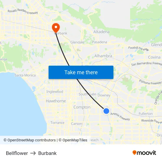 Bellflower to Burbank map
