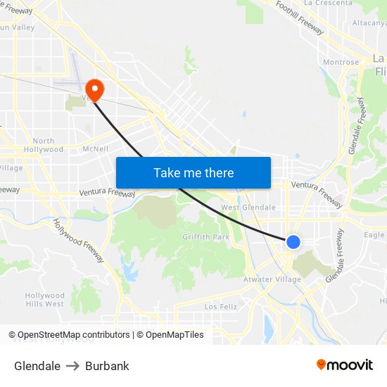 Glendale to Burbank map