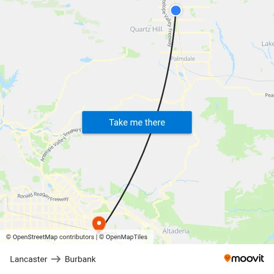 Lancaster to Burbank map