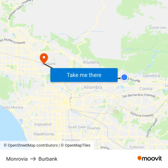 Monrovia to Burbank map