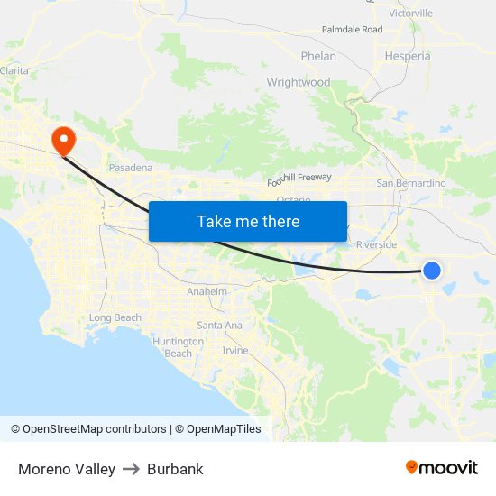 Moreno Valley to Burbank map