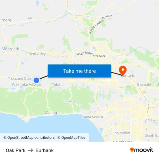 Oak Park to Burbank map