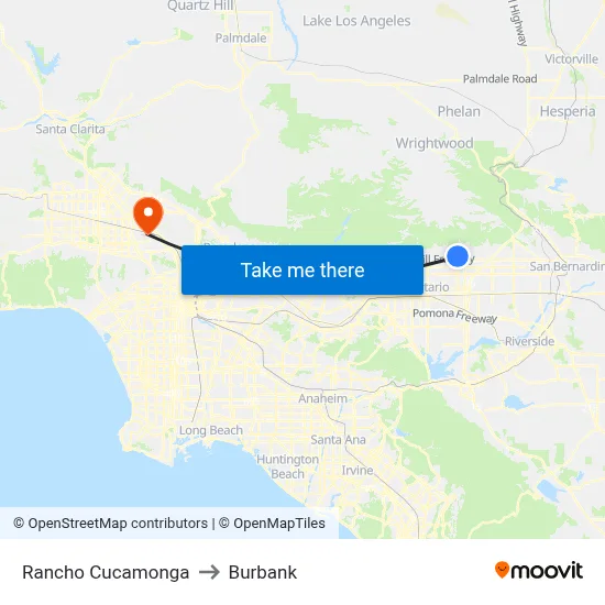 Rancho Cucamonga to Burbank map