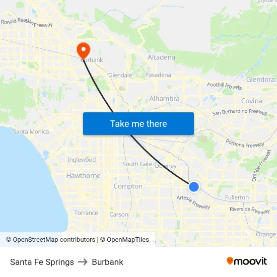 Santa Fe Springs to Burbank map