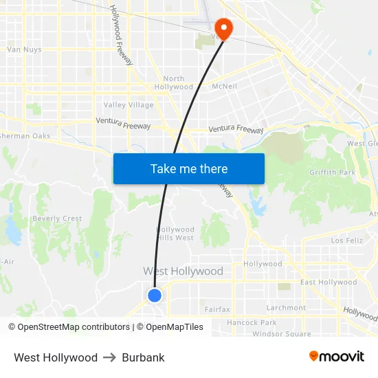 West Hollywood to Burbank map