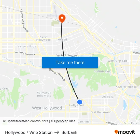 Hollywood / Vine Station to Burbank map
