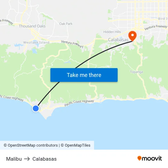 Malibu to Calabasas map