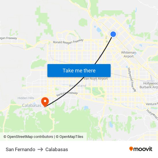 San Fernando to Calabasas map