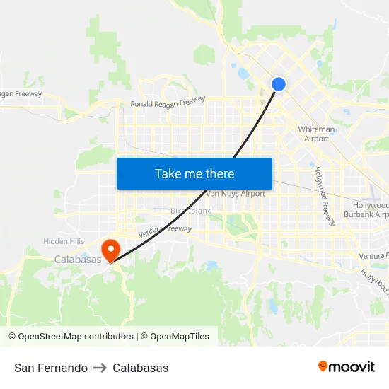 San Fernando to Calabasas map