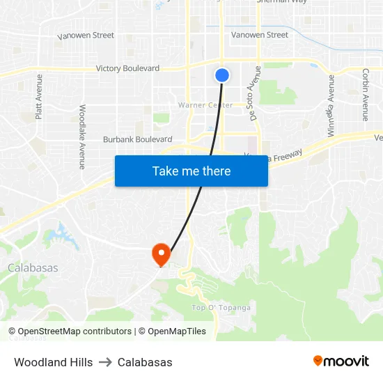 Woodland Hills to Calabasas map