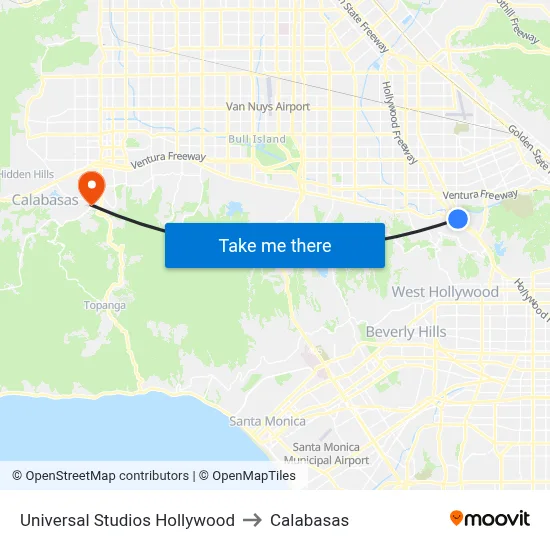 Universal Studios Hollywood to Calabasas map