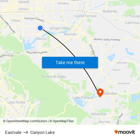 Eastvale to Canyon Lake map