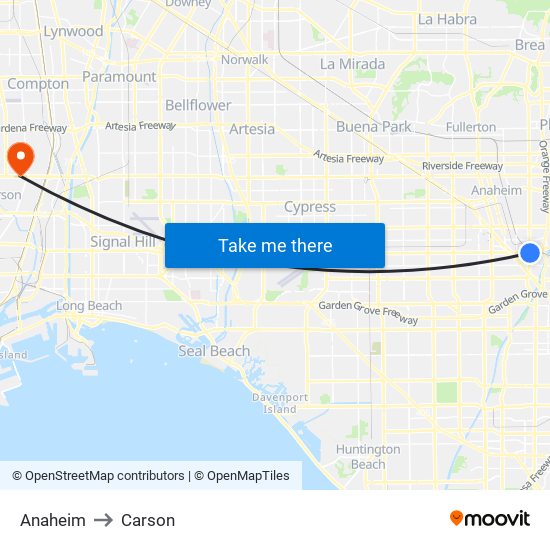 Anaheim to Carson map