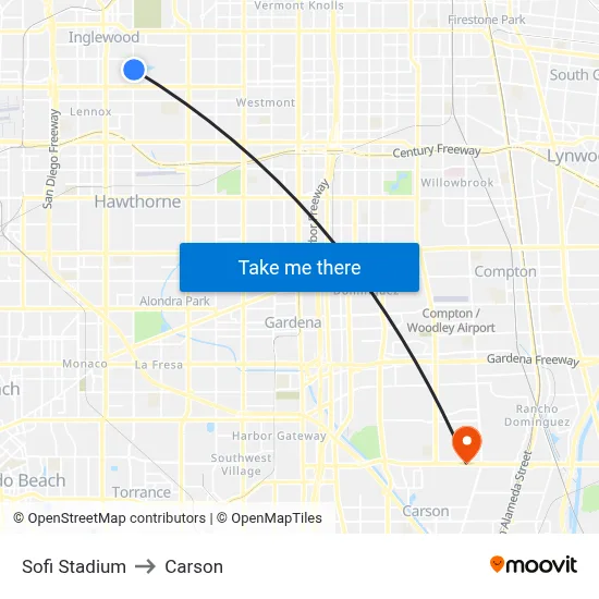 Sofi Stadium to Carson map