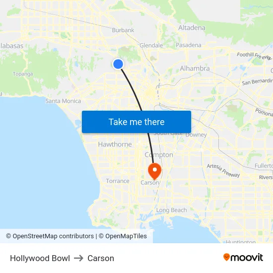 Hollywood Bowl to Carson map