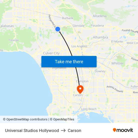 Universal Studios Hollywood to Carson map