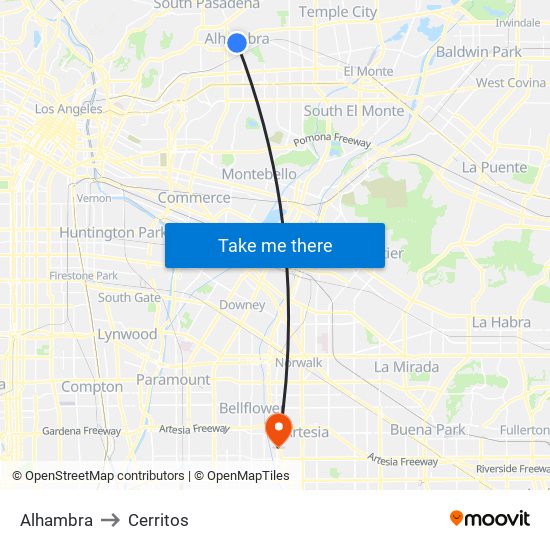 Alhambra to Cerritos map
