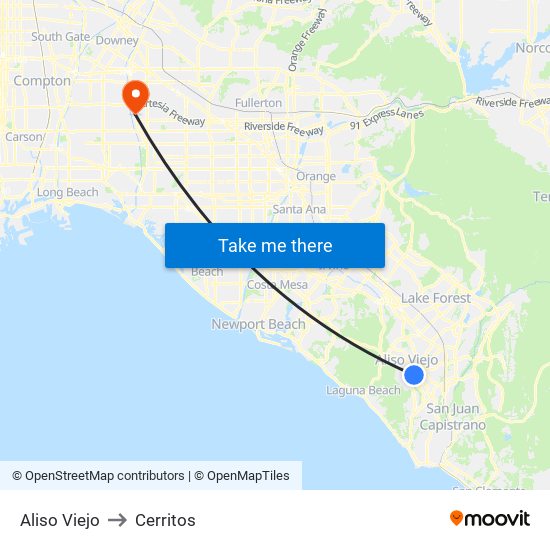 Aliso Viejo to Cerritos map