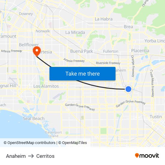Anaheim to Cerritos map