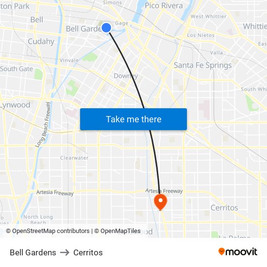 Bell Gardens to Cerritos map