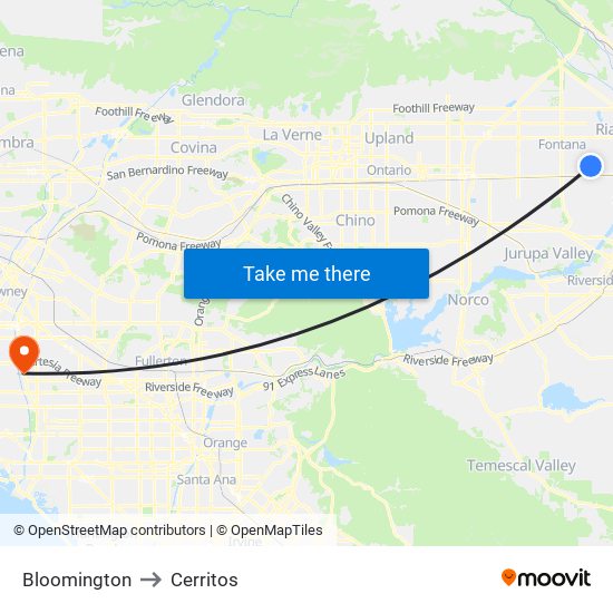 Bloomington to Cerritos map