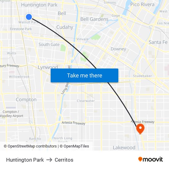 Huntington Park to Cerritos map