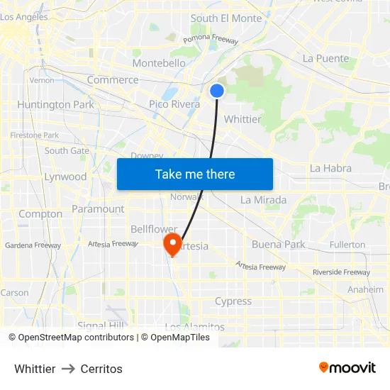 Whittier to Cerritos map