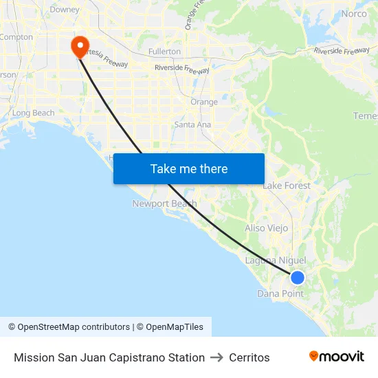 Mission San Juan Capistrano Station to Cerritos map