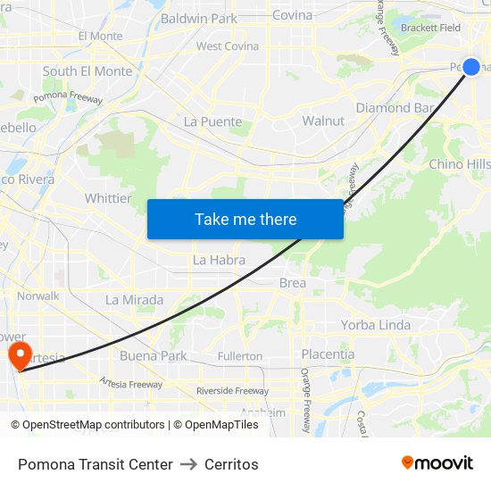 Pomona Transit Center to Cerritos map