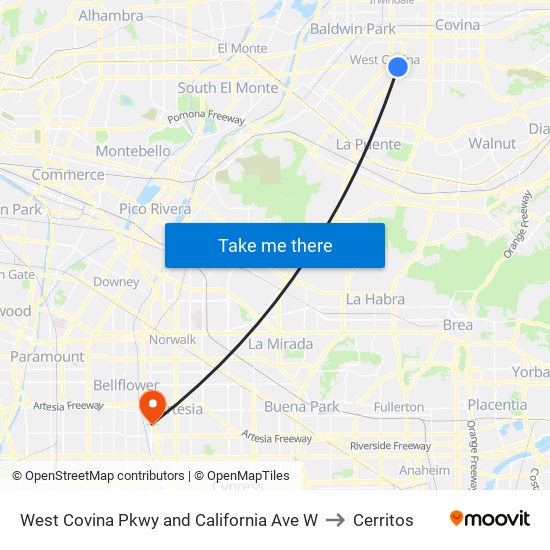 West Covina Pkwy and California Ave W to Cerritos map