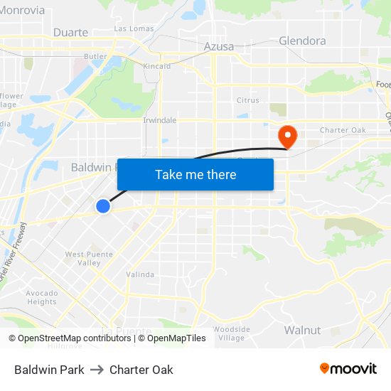 Baldwin Park to Charter Oak map