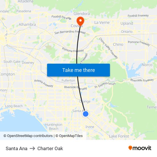 Santa Ana to Charter Oak map