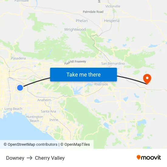 Downey to Cherry Valley map