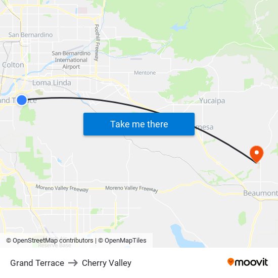 Grand Terrace to Cherry Valley map