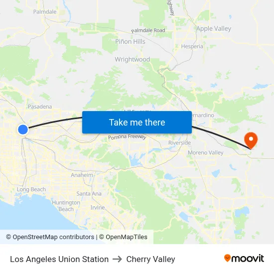 Los Angeles Union Station to Cherry Valley map