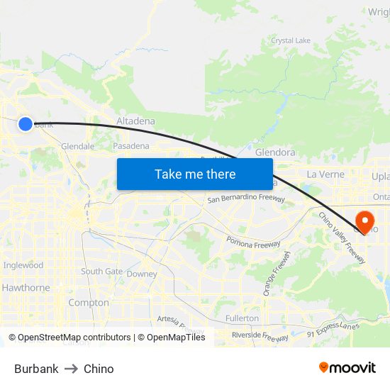 Burbank to Chino map