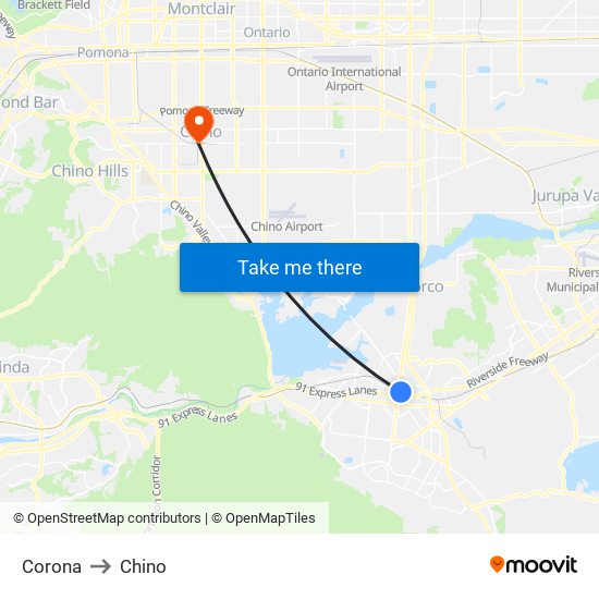 Corona to Chino map