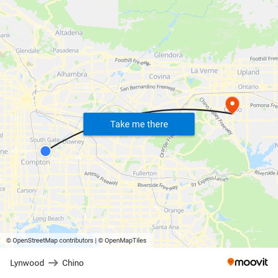 Lynwood to Chino map