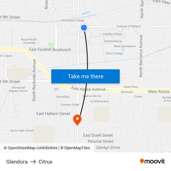 Glendora to Citrus map