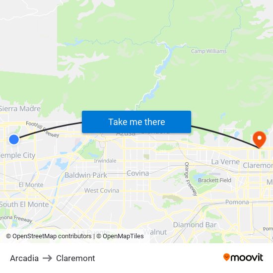 Arcadia to Claremont map