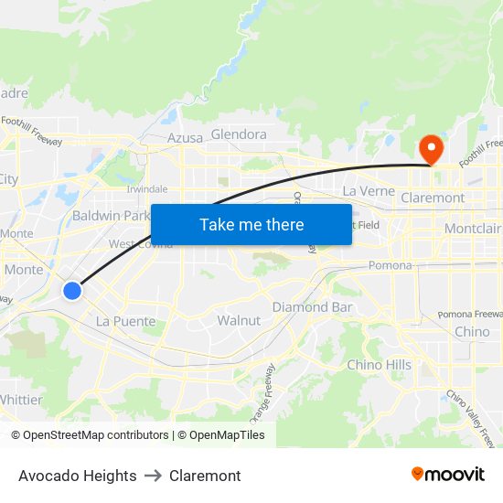 Avocado Heights to Claremont map