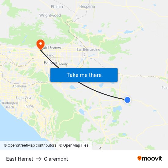 East Hemet to Claremont map