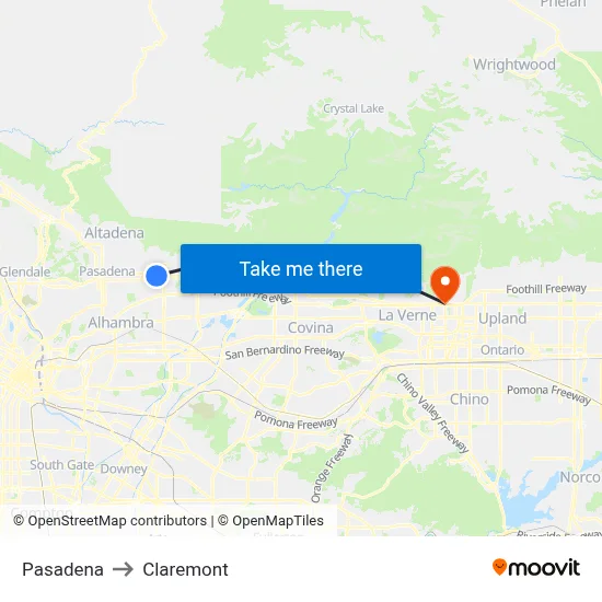 Pasadena to Claremont map