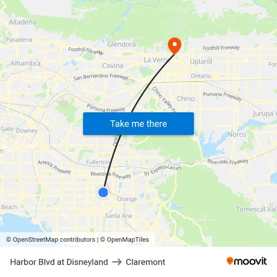 Harbor Blvd at Disneyland to Claremont map