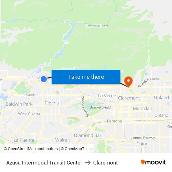 Azusa Intermodal Transit Center to Claremont map